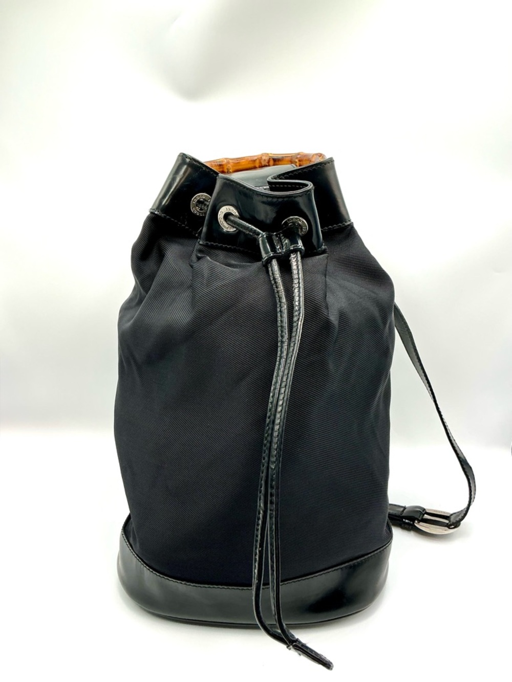 Gucci Black Drawstring Bucket Backpack with Bamboo Top #1168